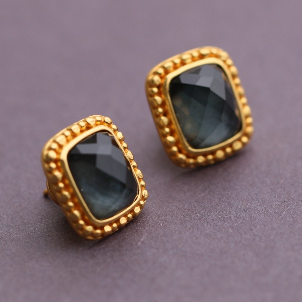Julie Vos Gold and Dark Gray Faceted Stone Stud Earrings